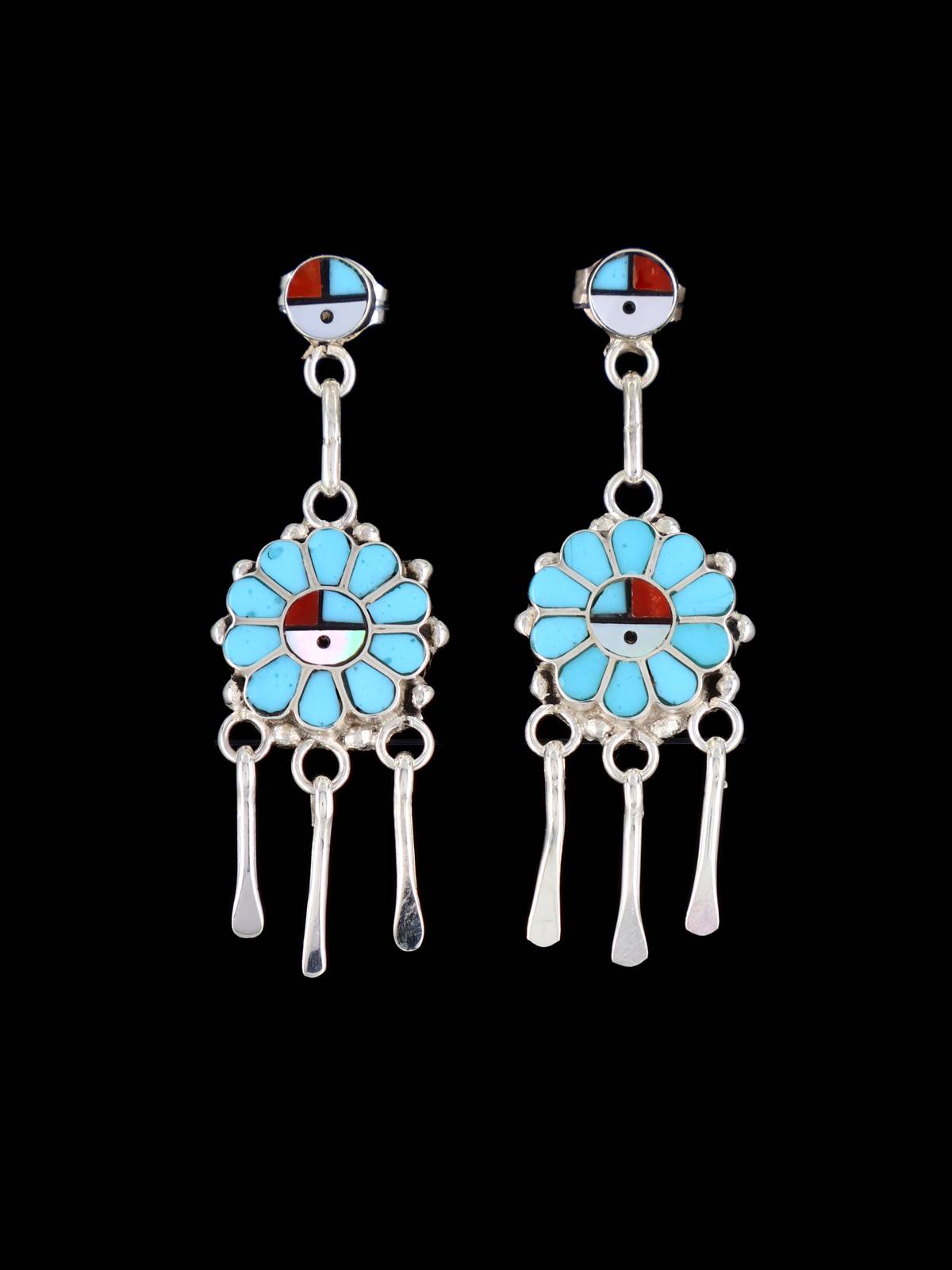 Zuni Inlay Zia Sunface Post Earrings - PuebloDirect.com