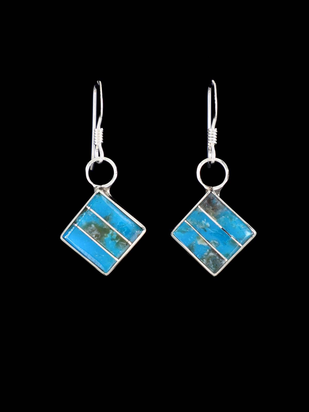 Zuni Inlay Sterling Silver Turquoise Dangle Earrings - PuebloDirect.com