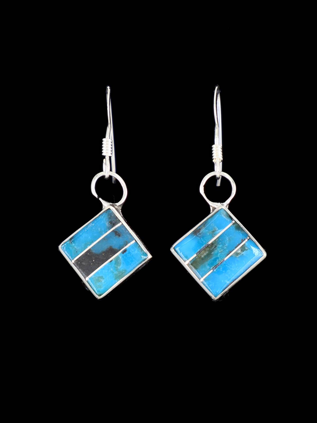 Zuni Inlay Sterling Silver Turquoise Dangle Earrings - PuebloDirect.com