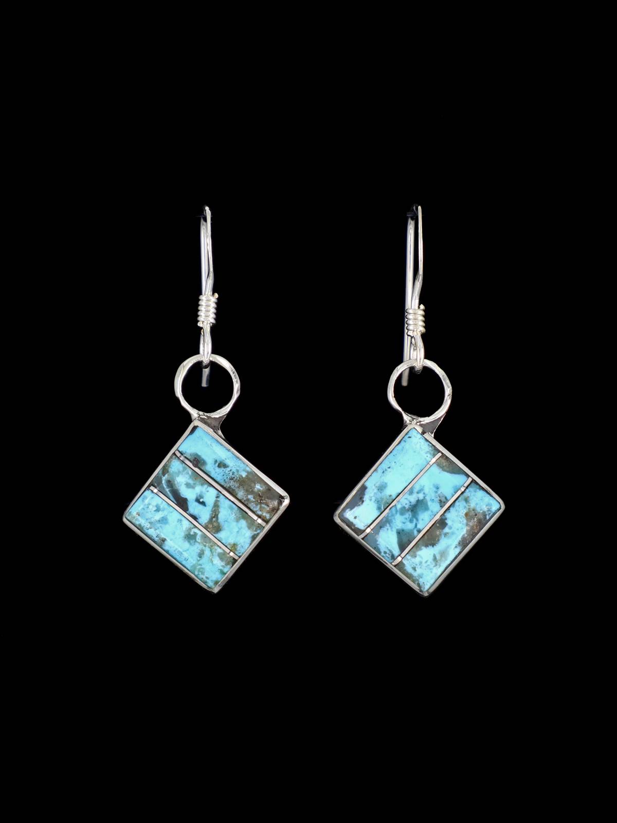 Zuni Inlay Sterling Silver Turquoise Dangle Earrings - PuebloDirect.com
