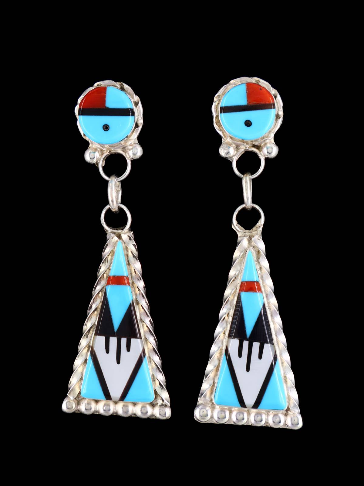 Zuni Turquoise Inlay Sunface Post Earrings - PuebloDirect.com