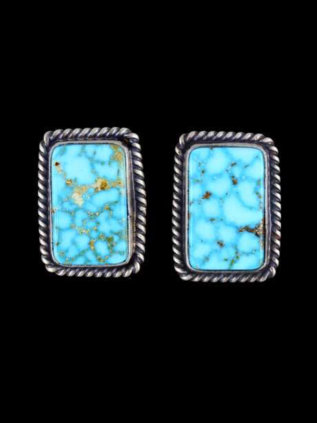 Navajo Sterling Silver Kingman Turquoise Post Earrings - PuebloDirect.com
