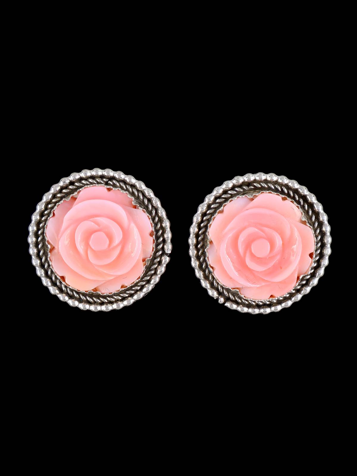 Navajo Pink Conch Sterling Silver Post Flower Earrings - PuebloDirect.com