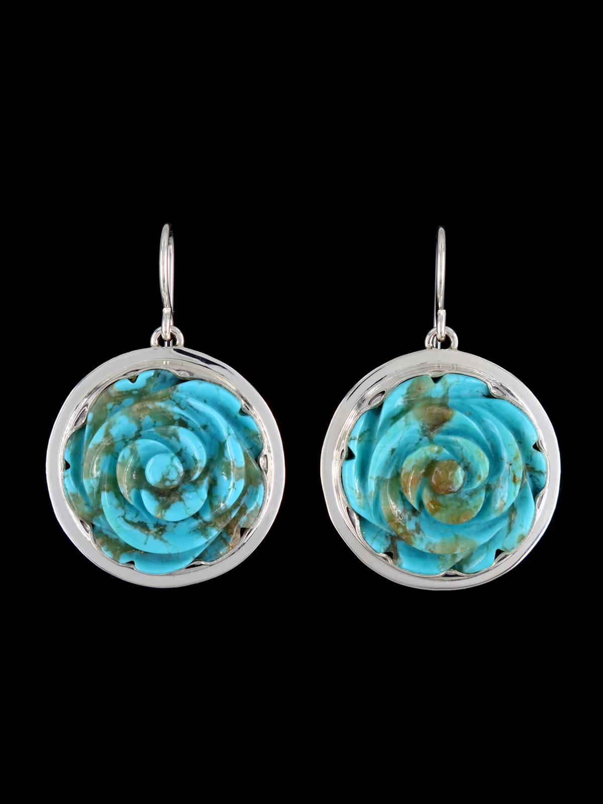 Native American Carved Turquoise Flower Dangle Earrings - PuebloDirect.com