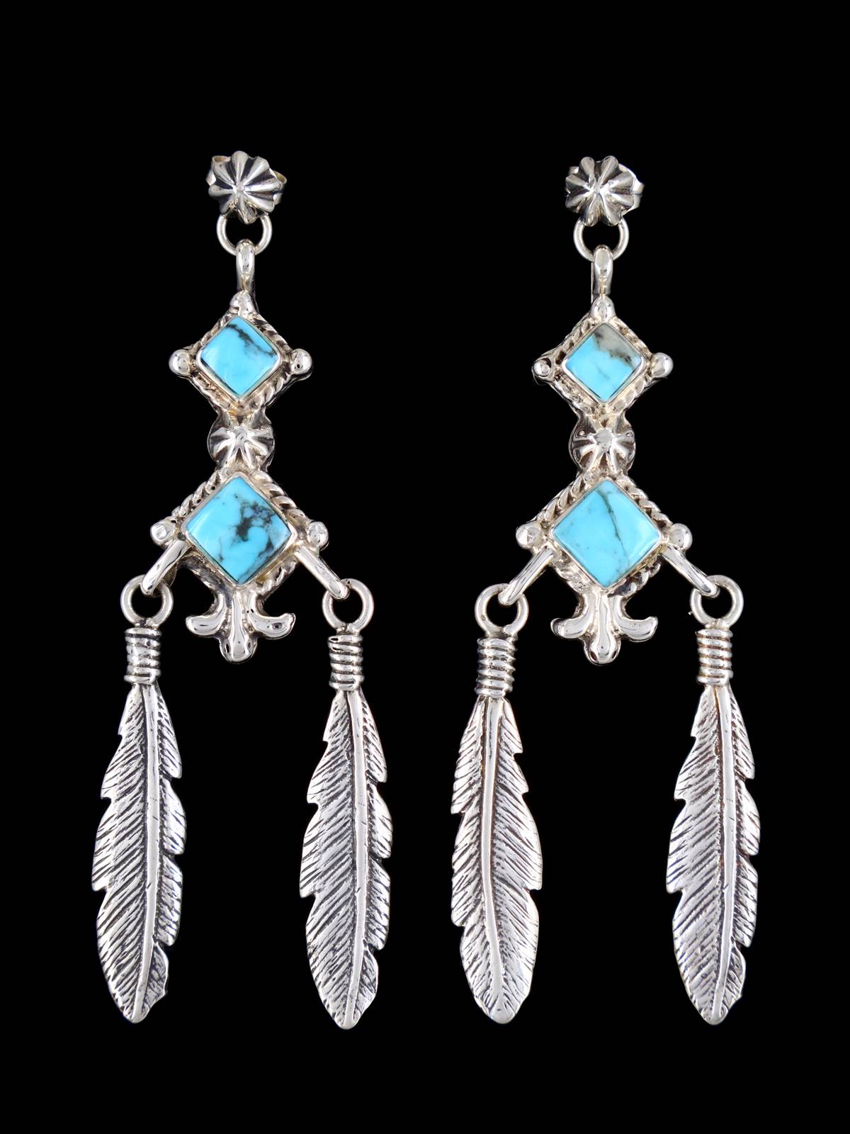 Navajo Turquoise Sterling Silver Feather Post Earrings - PuebloDirect.com