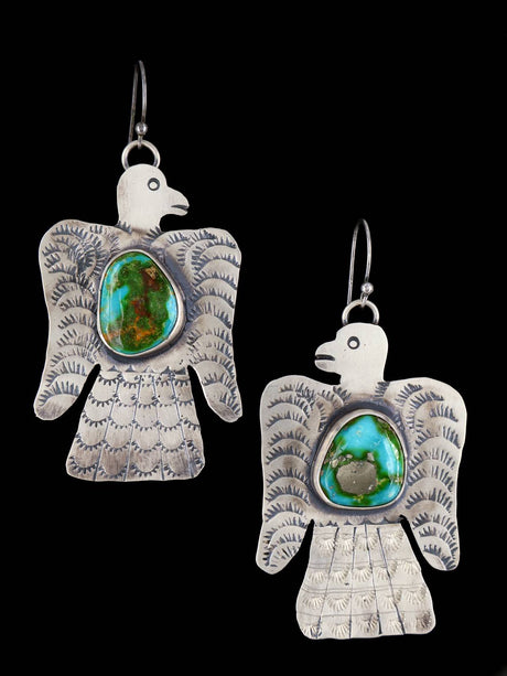 Navajo Sonoran Gold Turquoise Sterling Silver Thunderbird Earrings - PuebloDirect.com