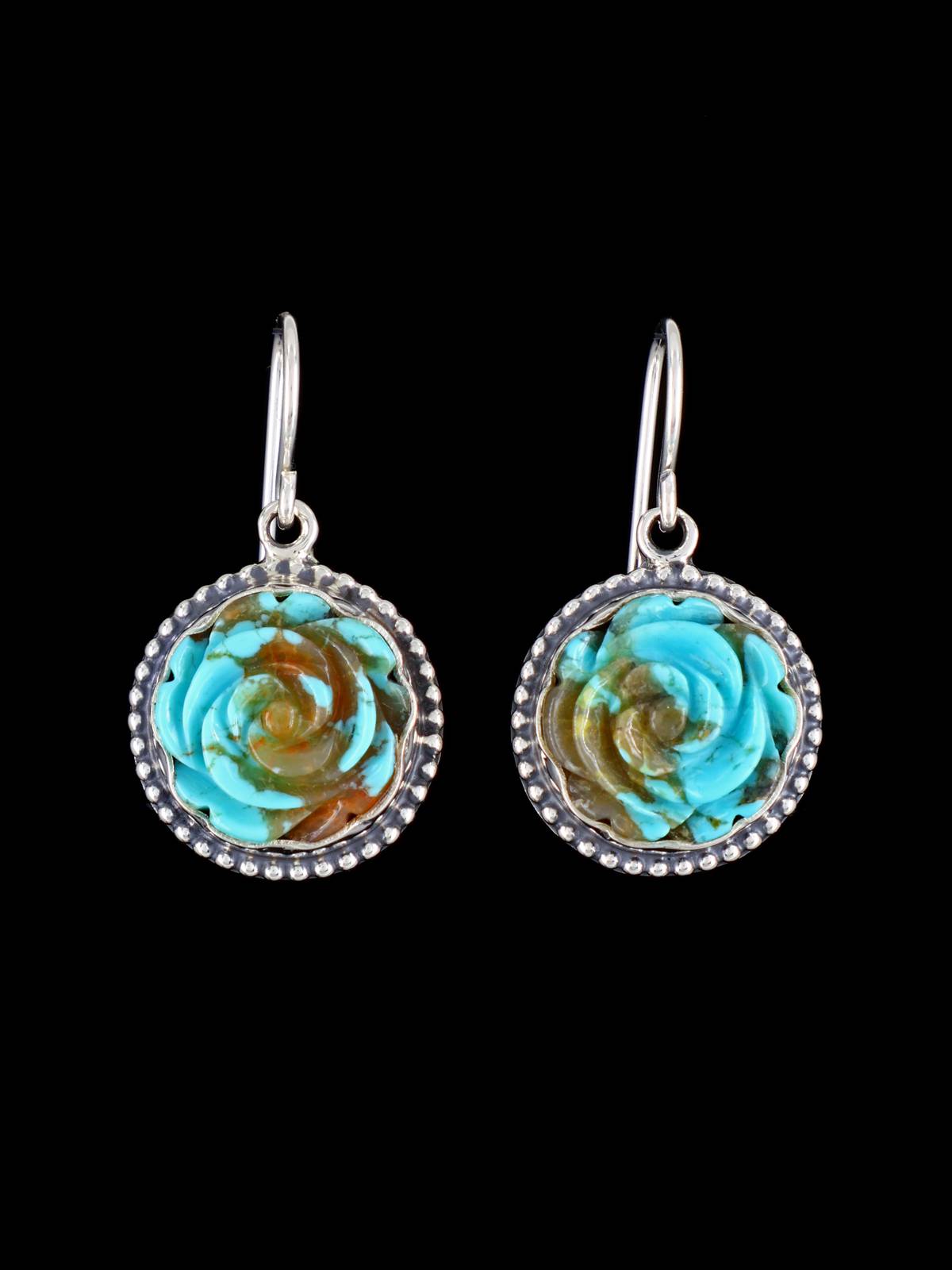 Native American Carved Turquoise Flower Dangle Earrings - PuebloDirect.com