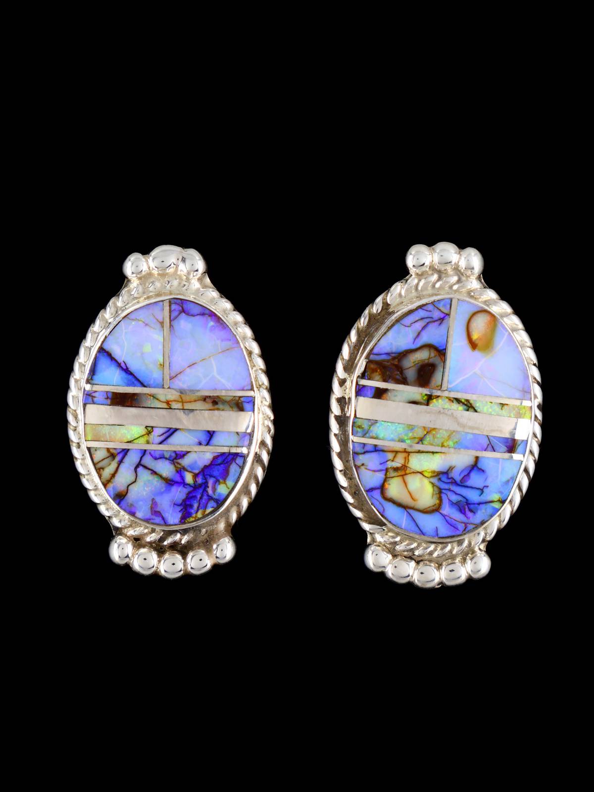 Navajo Spiderweb Opal Sterling Silver Post Earrings - PuebloDirect.com