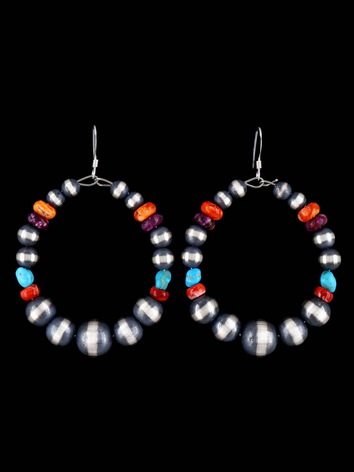 Navajo Spiny Oyster and Turquoise Sterling Silver Bead Earrings - PuebloDirect.com
