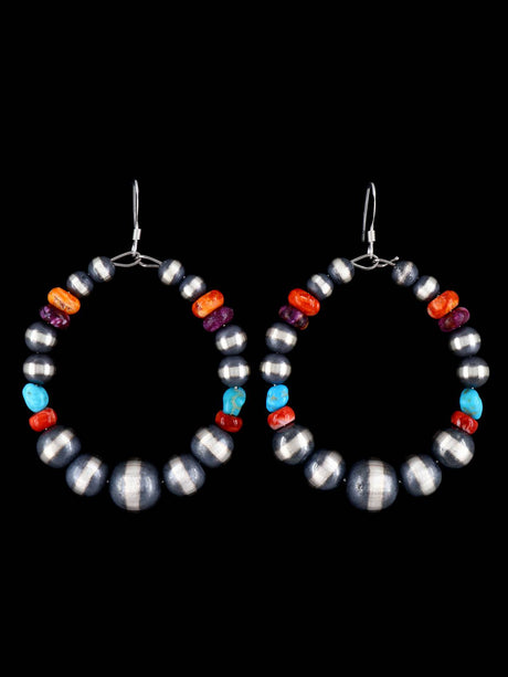 Navajo Spiny Oyster and Turquoise Sterling Silver Bead Earrings - PuebloDirect.com