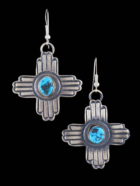 Navajo Sterling Silver Turquoise Zia Dangle Earrings - PuebloDirect.com