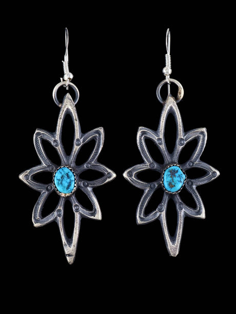 Navajo Sterling Silver Turquoise Flower Dangle Earrings - PuebloDirect.com