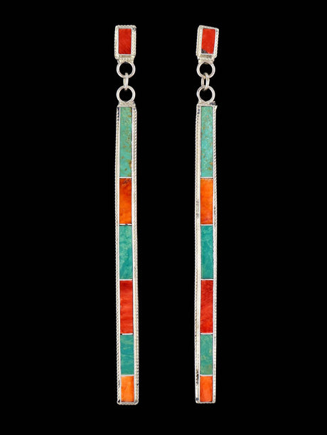 Sterling Silver Zuni Spiny Oyster and Turquoise Inlay Earrings - PuebloDirect.com
