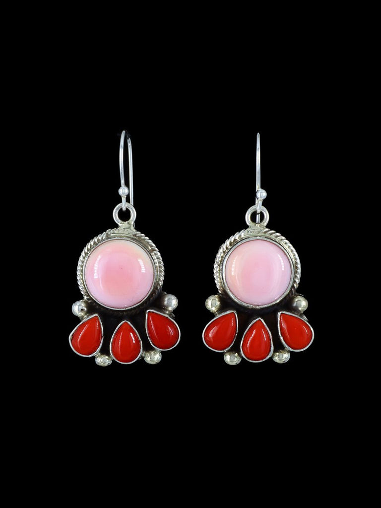Navajo Pink Conch and Coral Sterling Silver Dangle Earrings - PuebloDirect.com