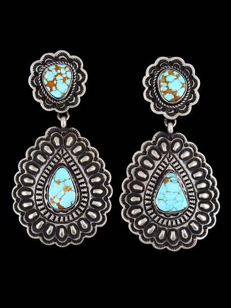 Native American Jewelry #8 Turquoise Stamped Sterling Post Earrings - PuebloDirect.com