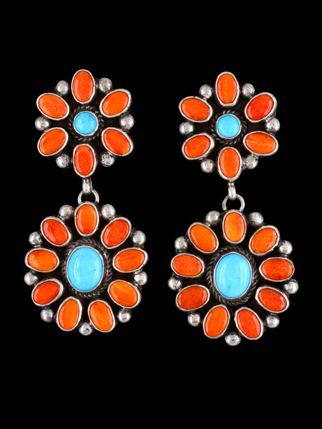 Spiny Oyster and Turquoise Navajo Dangle Post Earrings - PuebloDirect.com