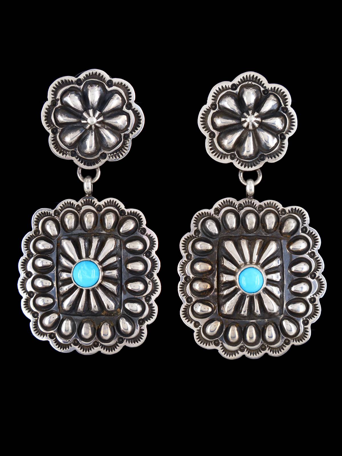 Native American Jewelry Turquoise Stamped Sterling Post Earrings - PuebloDirect.com