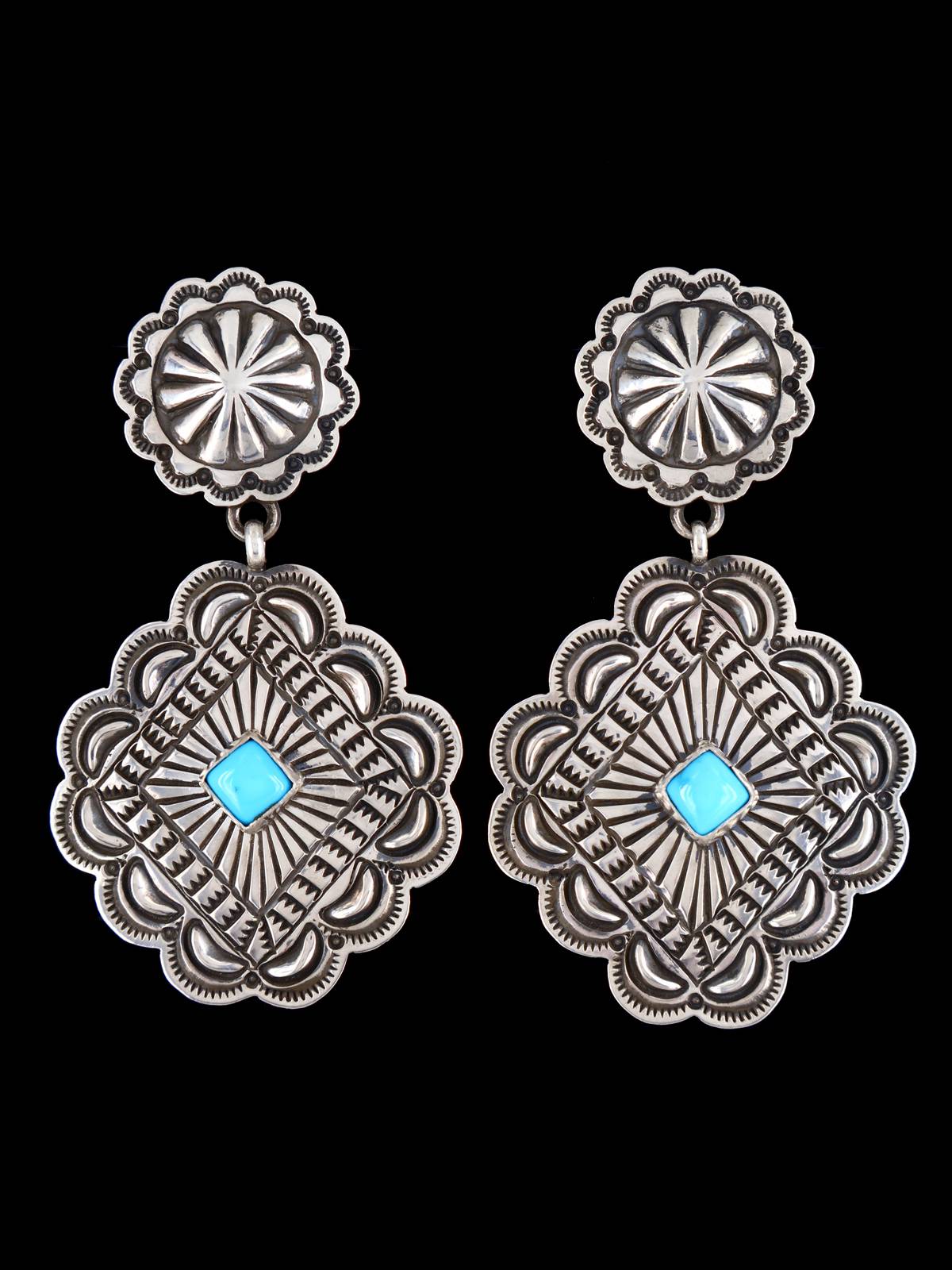 Native American Jewelry Turquoise Stamped Sterling Post Earrings - PuebloDirect.com
