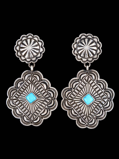 Native American Jewelry Turquoise Stamped Sterling Post Earrings - PuebloDirect.com