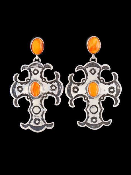 Navajo Sterling Silver Spiny Oyster Cross Dangle Earrings - PuebloDirect.com