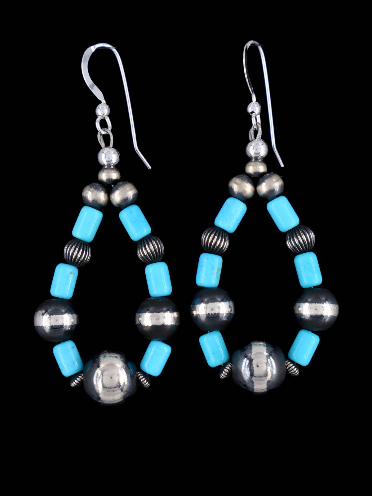 Navajo Sleeping Beauty Turquoise and Sterling Silver Beaded Dangle Earrings - PuebloDirect.com
