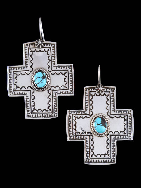 Navajo Stamped Sterling Silver Turquoise Dangle Cross Earrings - PuebloDirect.com