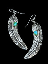 Native American Sonoran Gold Turquoise Dangle Feather Earrings - PuebloDirect.com