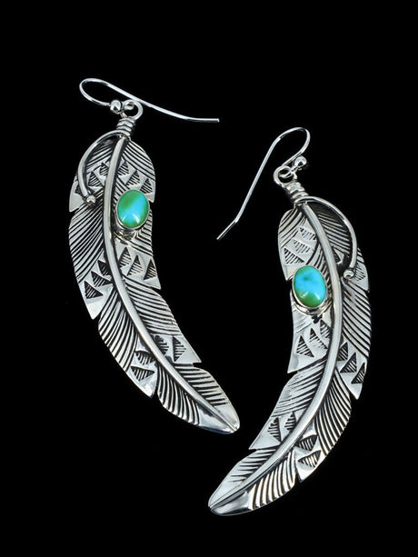 Native American Sonoran Gold Turquoise Dangle Feather Earrings - PuebloDirect.com