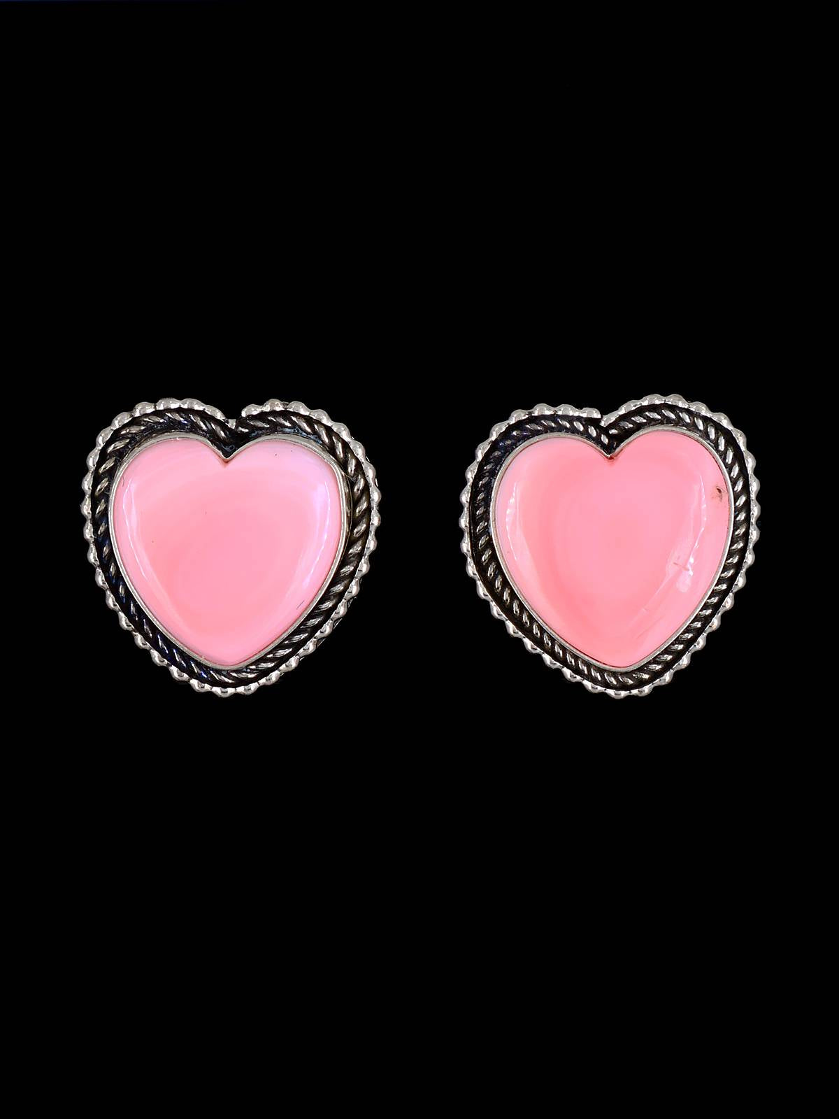 Navajo Sterling Silver Pink Conch Shell Heart Post Earrings - PuebloDirect.com
