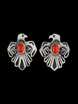 Navajo Thunderbird Overlay Post Coral Earrings - PuebloDirect.com