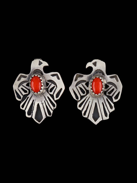Navajo Thunderbird Overlay Post Coral Earrings - PuebloDirect.com