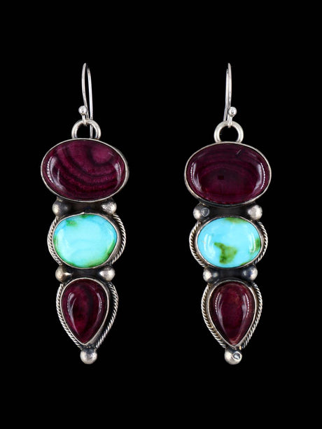 Native American Turquoise and Spiny Oyster Dangle Earrings - PuebloDirect.com