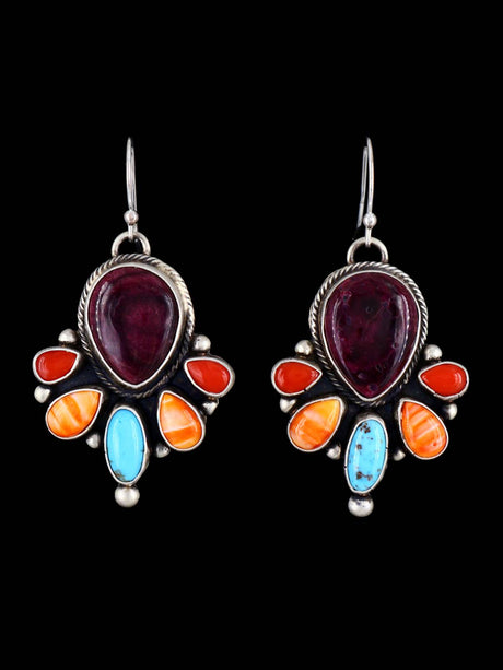 Navajo Turquoise and Spiny Oyster Cluster Dangle Earrings - PuebloDirect.com