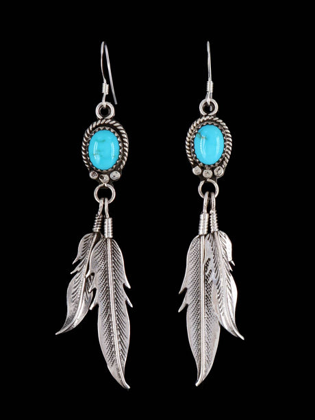 Navajo Sterling Silver Turquoise Feather Dangle Earrings - PuebloDirect.com