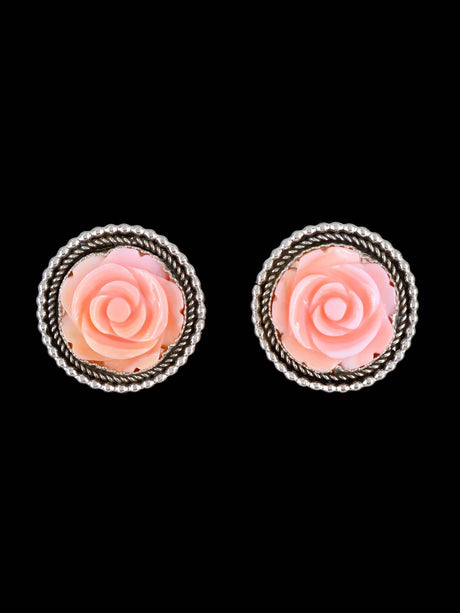 Navajo Pink Conch Sterling Silver Post Flower Earrings - PuebloDirect.com