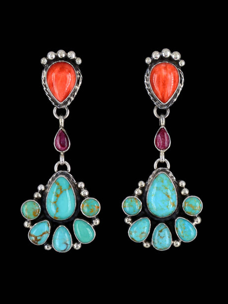 Navajo Turquoise and Spiny Oyster Sterling Silver Post Earrings - PuebloDirect.com