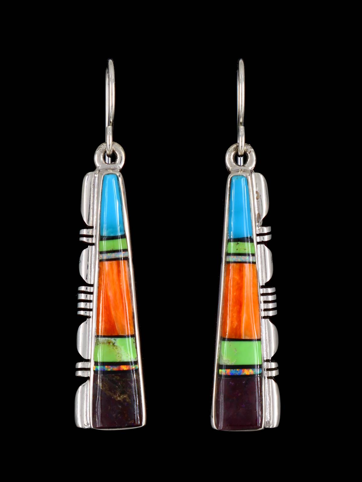 Navajo Multistone Sterling Silver Inlay Dangle Earrings - PuebloDirect.com