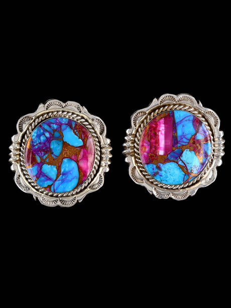 Navajo Spiny Oyster and Turquoise Sterling Silver Post Earrings - PuebloDirect.com