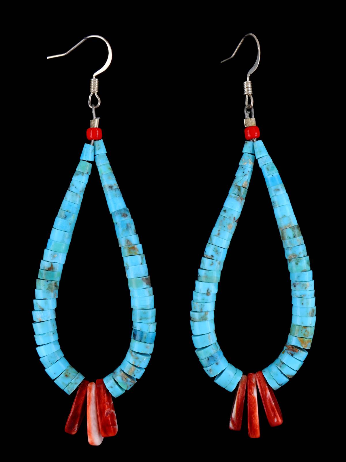 Navajo Turquoise and Spiny Oyster Dangle Earrings - PuebloDirect.com