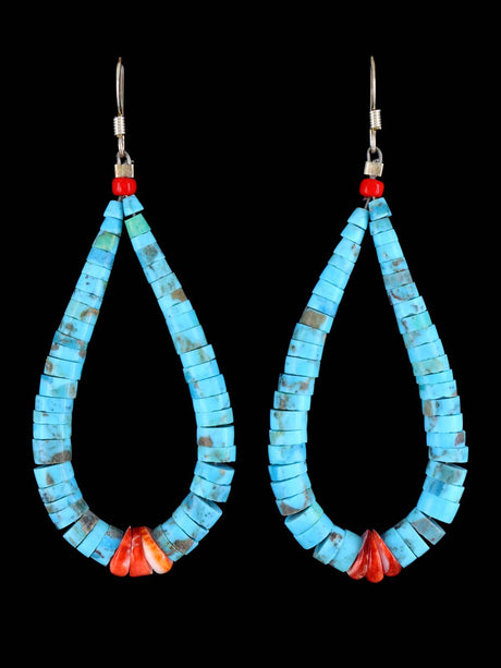 Navajo Turquoise and Spiny Oyster Dangle Earrings - PuebloDirect.com