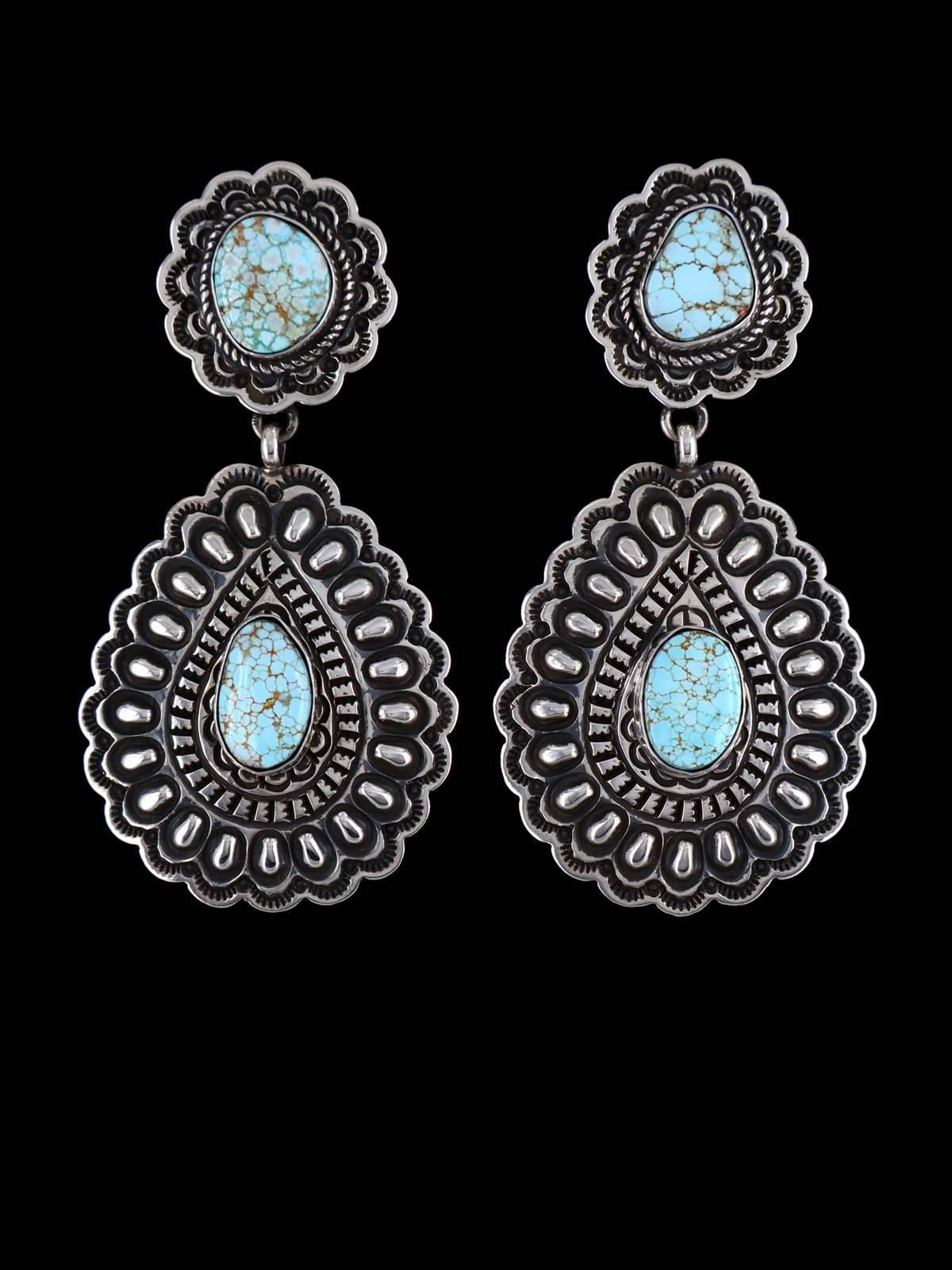 Native American Jewelry #8 Turquoise Stamped Sterling Post Earrings - PuebloDirect.com