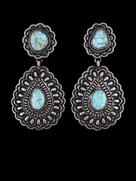Native American Jewelry #8 Turquoise Stamped Sterling Post Earrings - PuebloDirect.com