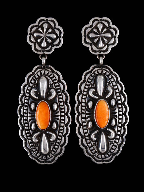 Native American Jewelry Spiny Oyster Stamped Sterling Post Earrings - PuebloDirect.com