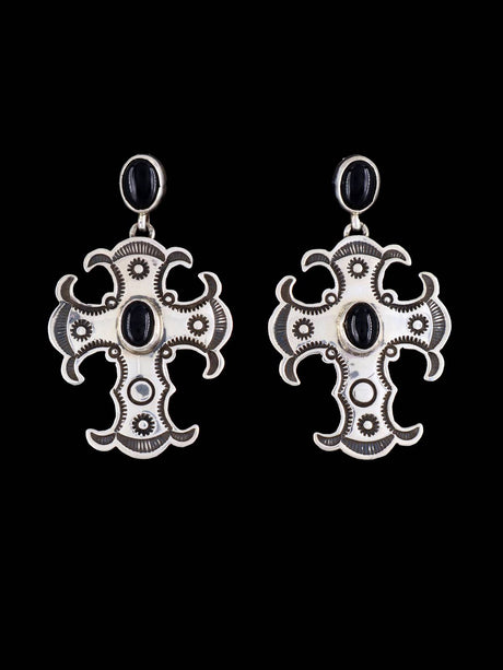 Navajo Sterling Silver Black Onyx Cross Dangle Earrings - PuebloDirect.com