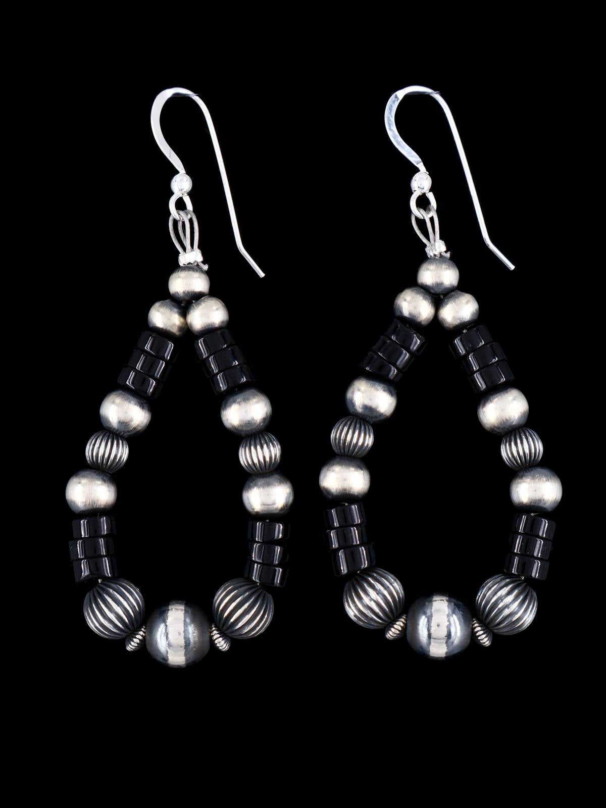 Navajo Onyx and Sterling Silver Beaded Dangle Earrings - PuebloDirect.com