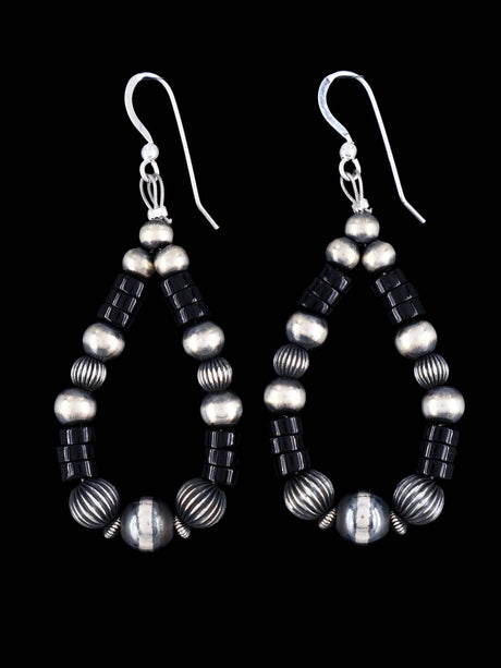 Navajo Onyx and Sterling Silver Beaded Dangle Earrings - PuebloDirect.com