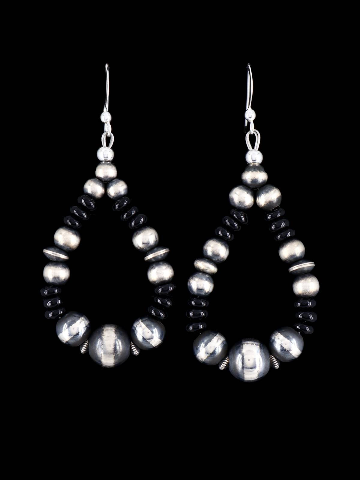Navajo Onyx and Sterling Silver Beaded Dangle Earrings - PuebloDirect.com