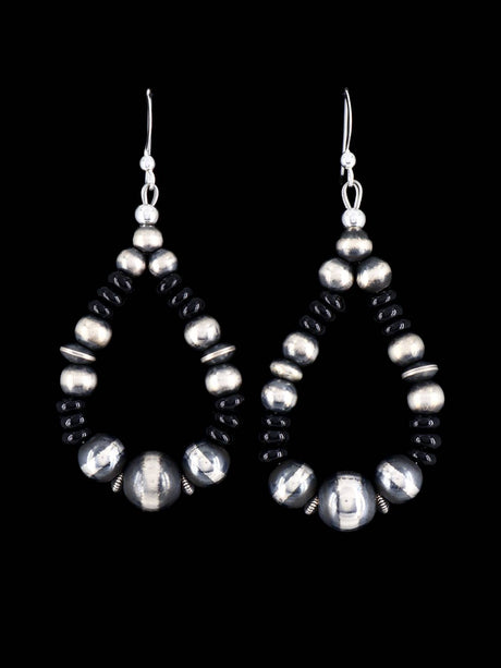 Navajo Onyx and Sterling Silver Beaded Dangle Earrings - PuebloDirect.com