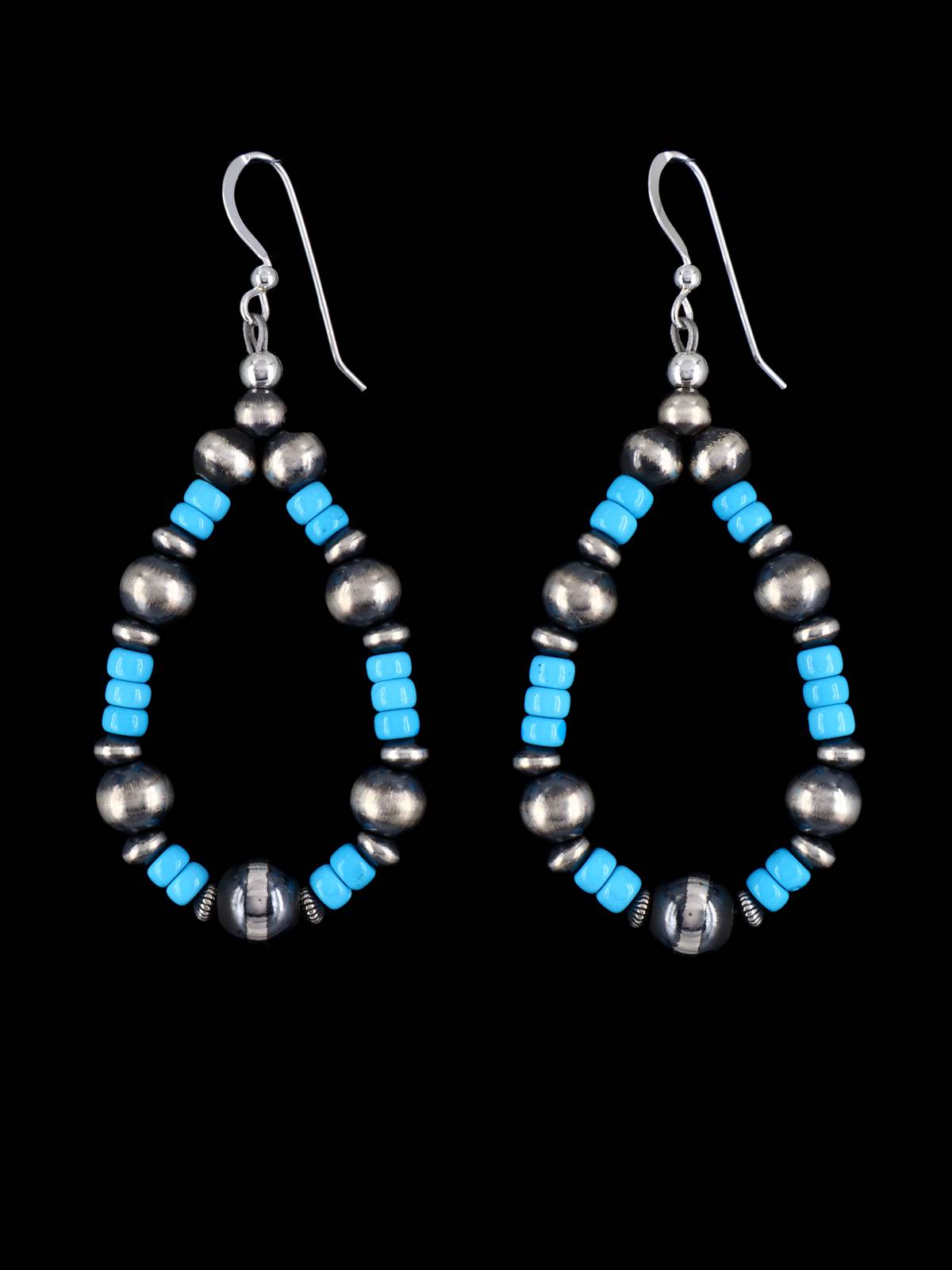 Navajo Sleeping Beauty Turquoise and Sterling Silver Beaded Dangle Earrings - PuebloDirect.com