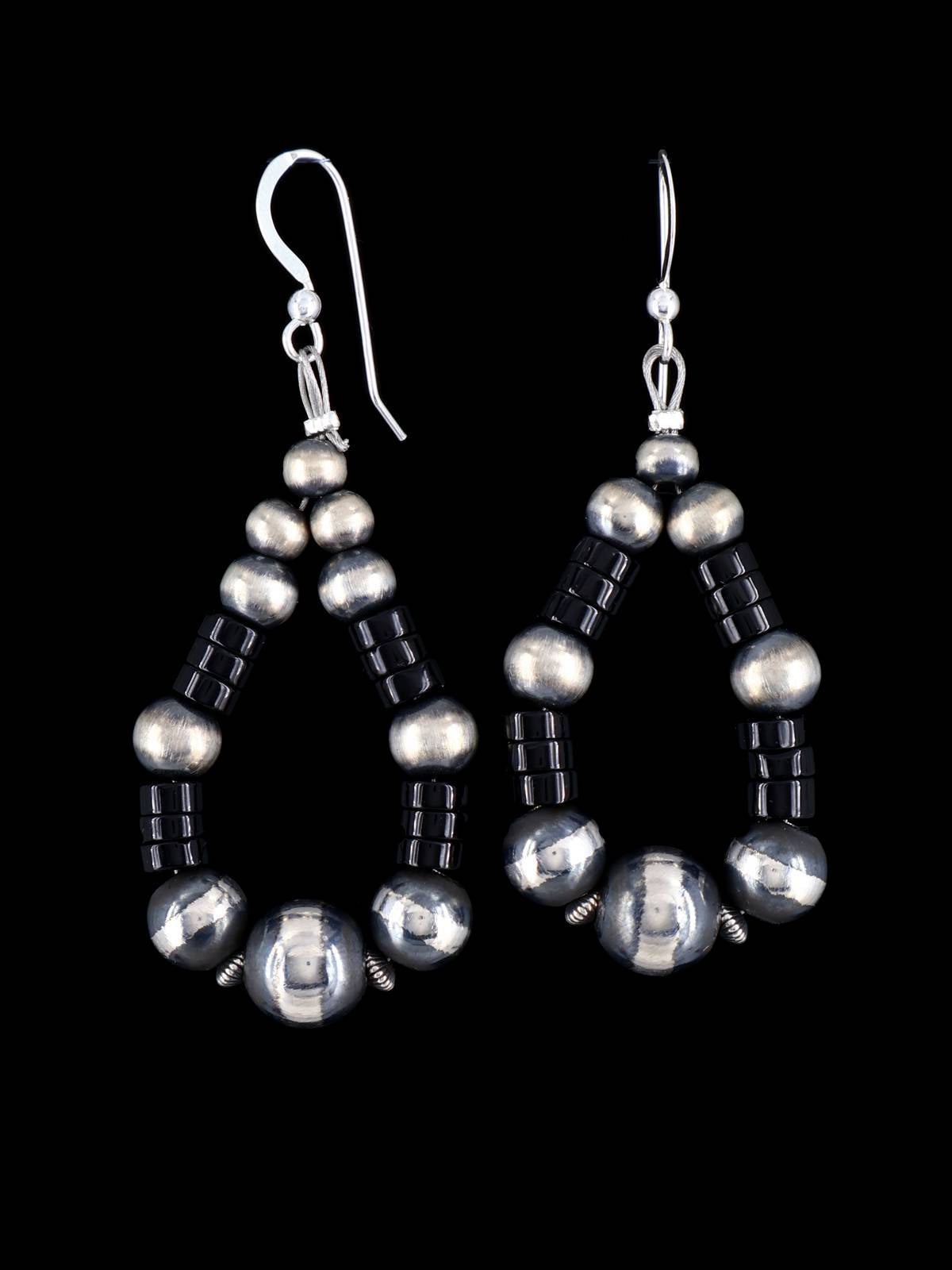 Navajo Onyx and Sterling Silver Beaded Dangle Earrings - PuebloDirect.com